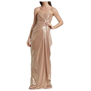 Rene Ruiz Metallic Strapless Ruched Gown